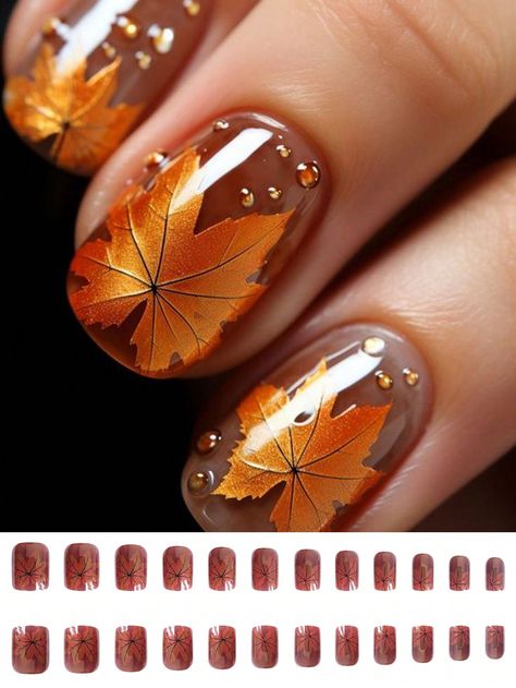 Upgrade Your Style, 24pcs Short Square Coffee Brown Simple Elegant Maple Leaf Design Chrome Super Glossy Full Coverage Artificial Nail Tips, Suitable For Autumn & Winter Daily WearI discovered amazing products on SHEIN.com, come check them out! Fall Leaves Nail Art, Maple Leaf Design, 3d Nail Art Designs, Simple Fall Nails, Short Square Nails, Brown Fall, Fall Nail Art, Fall Nail Colors, 3d Nail Art