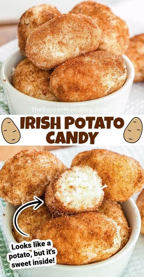 Irish Potatoes are a fun St. Patrick’s Day candy treat – coconut cream truffles are rolled in cinnamon brown sugar to look like potatoes, but they taste sweet! Try this easy, no-bake, dessert recipe today! Irish Potato Candy Recipe, Irish Potato Candy, Potato Candy, Irish Potato, Irish Potatoes, Coconut Candy, Creative Snacks, Sweet Dips, Buttercream Filling