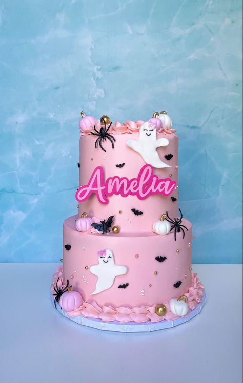 Spooky One Cake Ideas, Happy Booday Cake, Spooky 1st Birthday Cake, Two Spooky 2nd Birthday Party Cake, Our Little Boo Is Turning Two Cake, Happy Boo Day Birthday Cake, Pink Halloween Cake Ideas, Happy Boo Day Cake, Girl Halloween Birthday Cake