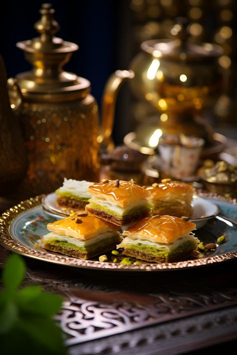 Immerse yourself in the world of Baklava. Each bite is a harmonious blend of textures and flavors. Picture yourself in a traditional Middle Eastern tea room with plush cushions, ornate brass lanterns, and colorful mosaic tiles—a tribute to Middle Eastern hospitality and the rich flavors of this beloved dessert. This is a journey your taste buds won't forget. 🍴🌼 #BaklavaDelight #MiddleEasternFlavors #Photography #Food #Dessert Middle Eastern Wedding Food, Middle Eastern Food Aethstetic, Middle Eastern Tea, Arabian Dessert, Turkish Bakery, East Dessert, Middle Eastern Wedding, Arab Food, Middle Eastern Restaurant