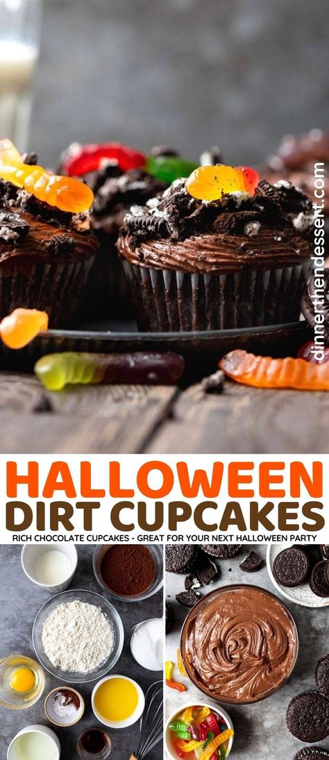 Halloween Dirt Cupcakes are rich chocolate cupcakes topped with Oreo crumbs and gummy worms to look like dirt. A fun and easy October treat! Dirt Pudding Cupcakes, Dirt And Worms Dessert Halloween, Dirt And Worms Cupcakes, Gummy Worm Dirt Cups, Dirt Cupcakes With Worms, Dirt Cake With Gummy Worms, Dirt Cake With Gummy Worms Halloween, October Treats, Dirt Cupcakes