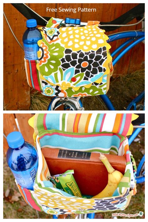 DIY Fabric Bike Handlebar Bag Free Sewing Patterns | Fabric Art DIY Handlebar Bag Pattern, Bicycle Bag Pattern, Bike Bag Pattern, Bike Accessories Diy, Bike Bags, Summer Bike, Fabric Sewing Patterns, Bag Pattern Free, Sewing Bags