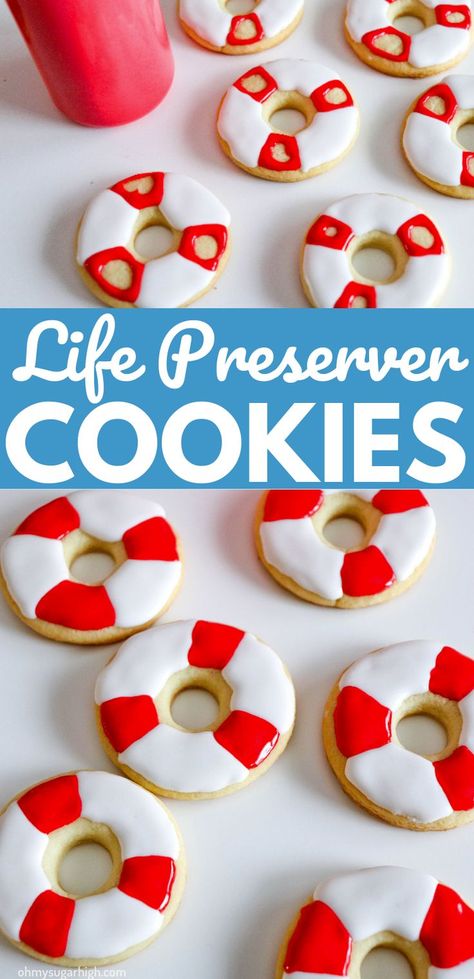 white round, donut shaped cookies with red stripes in royal icing to mimic a life preserver Shark Themed Birthday, Refrigerated Cookie Dough, Shark Cookies, Cookies With Royal Icing, Shark Themed Birthday Party, Royal Iced Cookies, Life Preserver, Sugar Cookie Recipe, Easy Sugar Cookies