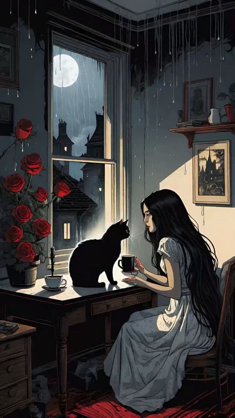 Arts With Meaning, Witch And Cat Art, Black Cat Energy Woman Aesthetic, Black Cat Aesthetic Witch, Gothic Art Aesthetic, Female Artwork Art, Girl With Cat Art, Witch With Black Cat, Witch With Cat