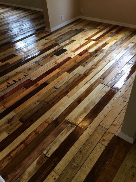 Wood Pallet Flooring, Pallet Floors, Diy Wood Floors, Rustic Wood Floors, Flooring Diy, Plywood Flooring, Into The Wood, Wooden Floors, Wood Kitchen Cabinets