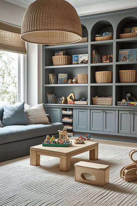 Living Room Playroom Combo Small Playroom Tv Room, Home Office Toy Room Combo, Dining Room As Playroom, Playroom Basement Family Room, Toy Room Built Ins, Basement Play Area And Family Room, Big Playroom Ideas, Built In Color Ideas, Built In Shelves Playroom