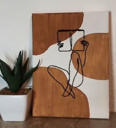 Light Brown Painting Aesthetic, Brown Boho Painting, Earthy Painting Ideas On Canvas, Beige Painting Ideas, Brown Painting Ideas On Canvas, Line Art Painting Canvases, Boho Painting Canvases, Brown Aesthetic Painting, Book Lover Painting