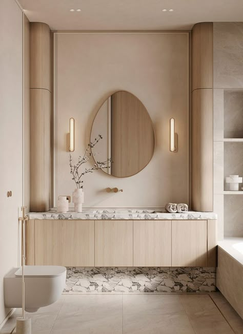 Bathroom Modern Classic Design, Japandi Bathroom Vanity, Floating Vanity Powder Room, Classic Modern Bathroom, Scandinavian Bathroom Design Ideas, Modern Classic Interior Design, Scandinavian Bathroom Design, Spa Like Bathrooms, Skin Center