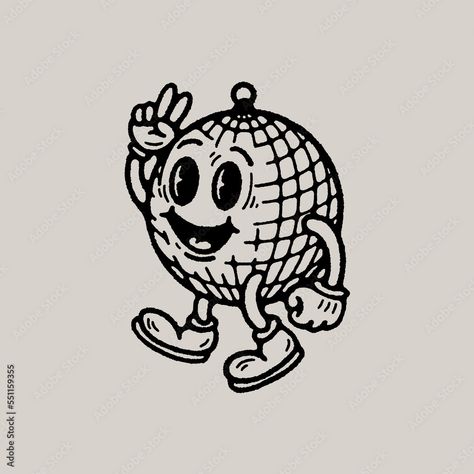 Vintage Disco Poster, Disco Ball Character, Disco Ball Illustration Graphic Design, Retro Mascot Illustration, Vintage Character Illustration, Disco Ball Logo, Disco Ball Cartoon, Ball Character Design, Cartoon Disco Ball