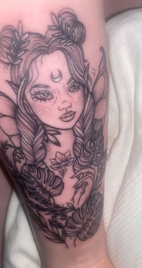 #tattoo 
#fairytattoo
#armtattoo
#planttattoo Fairy Arm Tattoo, Tattoo Ideas Pretty, Art Tattoo Sleeve, Fairy Portrait, Pretty Tattoo, Hippie Tattoo, Tattoo Floral, Inner Arm Tattoo, Fairy Tale Anime