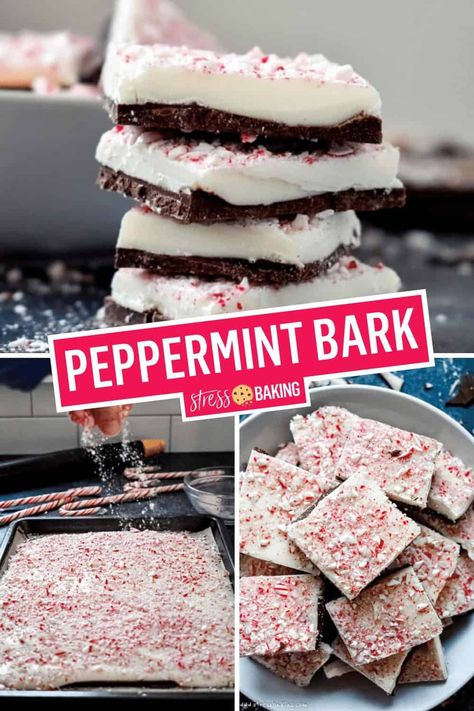 Don't spend money on the expensive Williams Sonoma Peppermint Bark - you only need 4 ingredients and 1 hour needed to make your own! Melted chocolate is flavored lightly with peppermint and topped with melted white chocolate and crushed candy canes for the quintessential holiday treat. | Easy Homemade Peppermint Bark | 4-Ingredient Peppermint Bark | stress baking recipes | stressbaking.com @stressbaking #stressbaking #holidays #christmas #peppermint Peppermint Bark Recipe, Homemade Peppermint Bark, Peppermint Bark Recipes, Christmas Bark, Chocolate Peppermint Bark, Christmas Peppermint, Bark Recipe, Peppermint Bark, Homemade Holiday