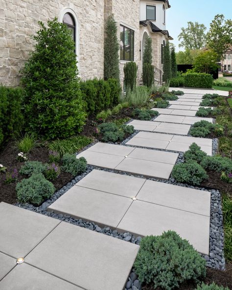 9 beautiful walkway designs to adopt | Techo Bloc Stepping Stone Front Walkway, Front Yard Concrete Walkway Ideas, Stone And Paver Walkway, Modern Paver Walkways To Front Door, Front Yard Pavers Walkway, Paved Walkway Ideas, Paver Walkways To Front Door, Front Yard Walkway Ideas Entrance, Front Entry Walkway