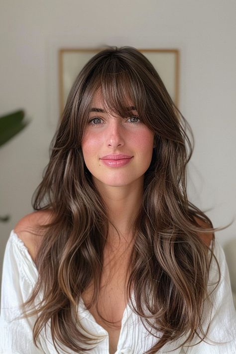 Update your look with our top picks of 23 trendy long curtain bangs hairstyles. These modern cuts are perfect for anyone seeking a bold yet soft change. Don't wait, click through to see more styles and find your new favorite look today! Side Bangs With Long Hair, Curtain Bangs Hairstyles, Long Curtain Bangs, Hair Styles For Long Hair, Medium Length Wavy Hair, Styles For Long Hair, Hairstyle Examples, Bridesmaid Hair Makeup, Bangs Hairstyles