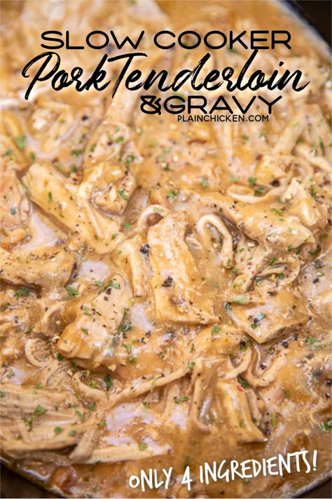 Crockpot Pork Tenderloin  Gravy – only 4 ingredients!! Pork tenderloin, gravy mix, cream of chicken soup, and chicken broth. Such a great weeknight meal! Just dump everything in the crockpot and let it work its magic! Serve over hot steamed rice or potatoes with some green beans. SO easy and kid-friendly too! #slowcooker #crockpot #pork #porktenderloin Pork Tenderloin Gravy, Sunday Crockpot Meals, Tenderloin Crockpot, Tenderloin Recipes Crockpot, Easy Pork Tenderloin, Crockpot Pork Loin, Crockpot Pork Tenderloin, Slow Cooker Pork Tenderloin, Pork Loin Recipes