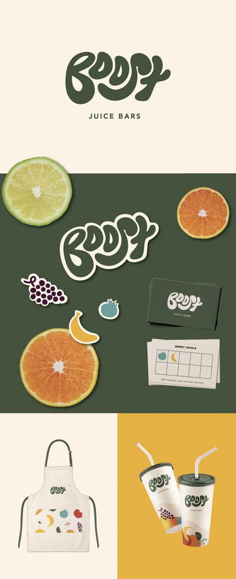 A hypothetical rebrand for boost juice. A playful, fun and gram-worthy vibe that expresses health with a splash of YUM. I had SO MUCH fun creating this rebrand! Swipe to see packaging design, loyalty cards + stickers, apron design, menu design and social media designs. I’d love to hear what you think! Let me know in the comments. Juice Design Ideas, Play Card Design, Matcha Logo Design, Juice Branding Design, Grocery Branding, Health Food Logo, Branding Design Social Media, Health Branding, Branding Stickers