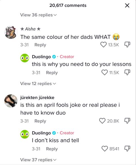 Duolingo Tiktok, Duolingo Aesthetic, Duolingo Threats, Duolingo Fanart, Character Dialogue, Duolingo Memes, Tiktok Comments, Green Chicken, April Fools Joke