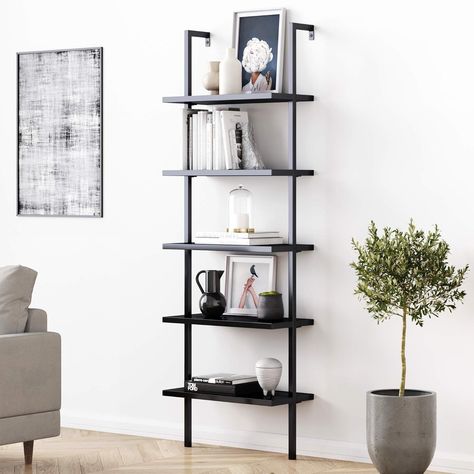 Amazon.com: Nathan James Theo 5-Shelf Oak Wood Modern Bookcase, Open Wall Mount Ladder Bookshelf with Industrial Black Metal Frame : Home & Kitchen James Theo, Nathan James, Tall Bookshelves, Wall Mounted Bookshelves, Ladder Bookshelf, 5 Shelf Bookcase, Salon Suites, Wood Ladder, Oak Laminate