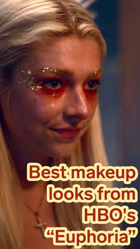 Party Makeup Colorful, Eye Makeup Euphoria Inspired, Euphoria Themed Makeup Maddy, Euphoria Themed Makeup Glitter, Red Party Makeup, Easy Glitter Makeup, Euphoria Makeup Red, Euphoria Makeup Halloween, Red Euphoria Makeup