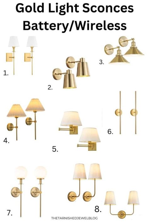 Find top-rated wall sconces that won't break the bank (under $160)!  Try 16 Best Gold Light Sconces (Battery + Hardwired) by thetarnishedjewelblog.com.  #lightsconces  #wallsconce #wallsconces #wallsconcelight #wallsconcelights #wallsconceshelf #wallsconcelighting #wallsconceslighting #wallsconcehack  #goldsconce #goldsconces #wallsconcelamp  #walllights #walllightsdecor #walllights #walllightsdecor #walllightsconces  #pucklight  #diylighting  #lightingideas #amazonlightningdeals Sconces Next To Artwork, Wall Sconces Over Couch, Gallery Wall With Lighting, Hallway With Sconces, Sconces On Either Side Of Tv, Sconces Above Couch, Battery Sconces, Sunroom Playroom, Above Fireplace Ideas