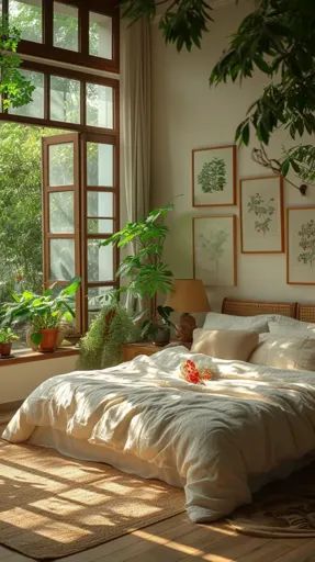 ↑↑↑ Larger size on website 🔸 A large bed with white linens sits in a sunlit room, positioned near a window with lush greenery out 🔸 From Midjourney AI Image Sunlit Room, Casting Shadows, White Linens, Large Bed, Large Beds, Bedroom Plants, Botanical Decor, Framed Botanicals, Through The Window