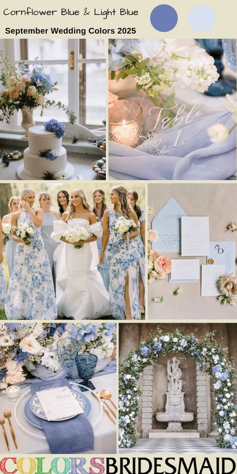 Best 8 September Wedding Color Combos for 2025 - ColorsBridesmaid Light Blue Navy Wedding, September Wedding Colors Blue, Different Shades Of Blue Wedding, End Of Summer Wedding Colors, Shades Of Blue Wedding Theme, Blue September Wedding, Lilac And Blue Wedding, Blue Wedding Palette, Periwinkle Blue Wedding