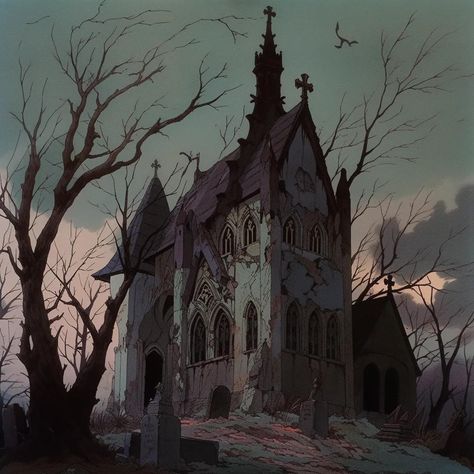 Old Gothic Architecture, Dark Fantasy Environment Concept Art, Haunted House Concept Art, Gothic Concept Art, 1600s Aesthetic, Halloween Environment, Graveyard Illustration, Gothic Village, Haunted House Aesthetic