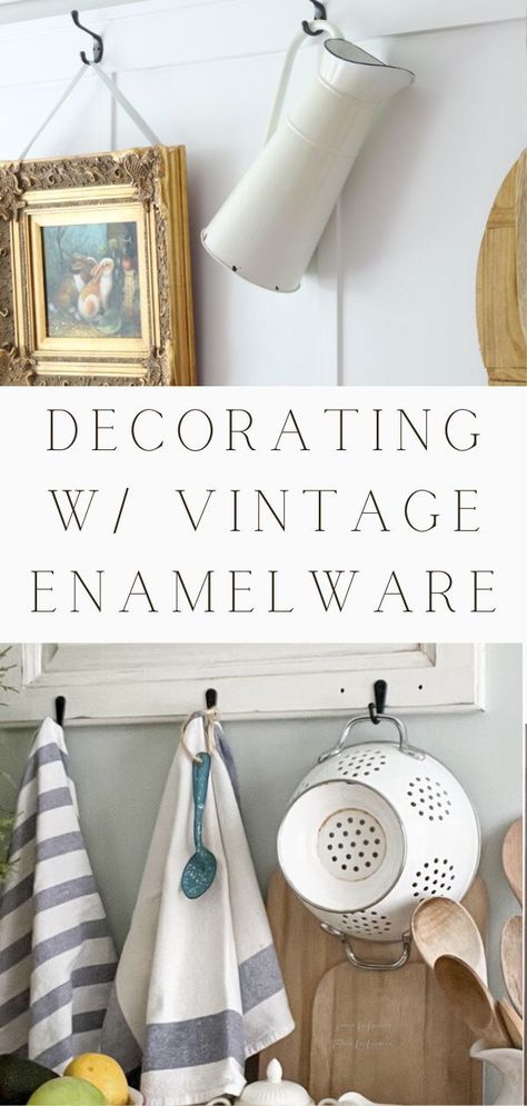 Vintage Colander Ideas, Decorating With Vintage Enamelware, Decorating With Enamelware, Colander Decor, Vintage Enamelware Decor, Colander Ideas, Vintage Mantle Decor, Antique Enamelware, Above Cabinet Decor