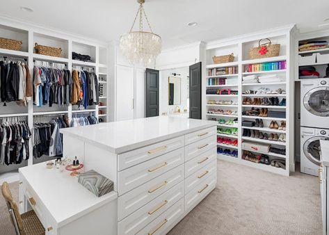 Closet with laundry machine. This spacious walk-in closet features a large island and laundry machines. Walk in Closet with laundry machine. Closet with laundry machine. Closet with laundry machine. Closet with laundry machine #Closetlaundrymachine A Finer Touch Construction Walk In Closet Ikea, Closet Design Plans, Organizing Walk In Closet, Master Closet Design, Master Closet Organization, Family Closet, Closet Planning, Dressing Room Closet, Walking Closet