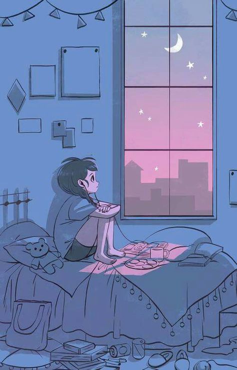 Girl looking out the window and listening to music Arte Do Kawaii, Looking Out The Window, Cute Happy, The Night Sky, Anime Scenery, The Window, Pretty Art, Cartoon Wallpaper, Animation Art