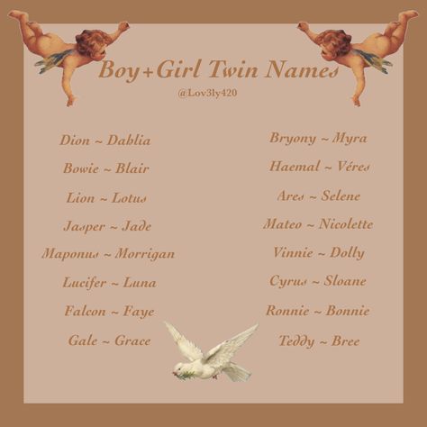 Twin Names Aesthetic, Twin Names Ideas, Twins Boy And Girl Names, Writing Twins, Fantasy Twin Names, Twins Boy And Girl Aesthetic, Twins Names Boy And Girl, M Names For A Girl, Baby Twin Names