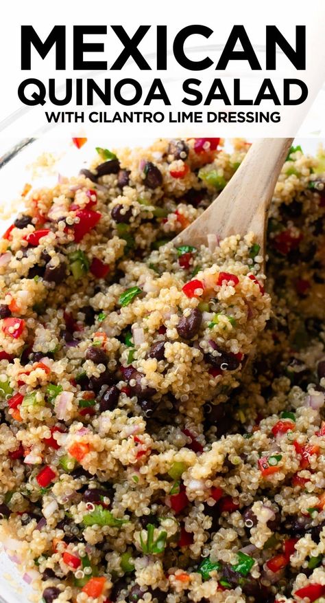 This healthy Mexican quinoa salad is vibrant and fresh – basically a party in your mouth. Loaded with quinoa, bell peppers, red onions, black beans, and tossed in a fresh cilantro lime dressing. The perfect make-ahead recipe for lunch or a lighter dinner. #quinoasalad #lunchideas #mexicanquinoasalad #dinnerideas #healthydinner #quinoarecipe Quinoa Cilantro Salad, Cilantro Lime Quinoa Salad, Mexican Salads For Parties, Mexican Side Salad, Quinoa Bell Peppers, Quinoa Dressing, Lime Quinoa Salad, Cilantro Lime Quinoa, Southwest Quinoa Salad