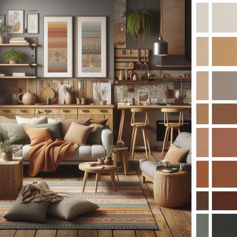 Create a peaceful vibe with earthy colors for a cozy, natural living room. Explore design ideas or DIY options today! Muted Colour Palette Living Room, Earthy Artsy Living Room, Taupe Color Living Room, Earth Tone Living Room, Lounge Room Styling, Relaxing Living Room, Earthy Living Room, Color Palette Living Room, Retro Lounge