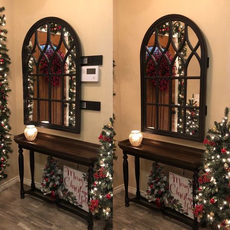 Entryway Mirror on Rails to Hide Alarm Panel in Middle of Wall Hiding Alarm Panel, How To Hide Alarm Panel, Hide Alarm Panel, Interesting Decor, Foyer Wall, Maple Shade, Stair Makeover, Smart Panel, Table Decorating