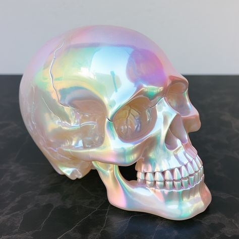 #opal #skull #skeleton #holographic #iridescent Iridescent Reference, Opal Art Painting, Holosexual Aesthetic, Iridescent Halloween, Opal Aesthetic, Holographic Aesthetic, Resin Skulls, Holographic Art, Dark Iridescent