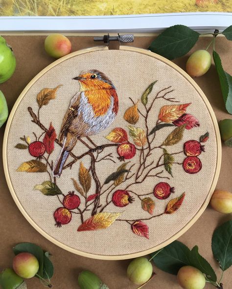 Robin Embroidery, Bird Embroidery Pattern, Textile Art Embroidery, Robin Bird, Handmade Embroidery Designs, Hand Embroidery Projects, Bird Embroidery, Creative Embroidery, Animal Embroidery