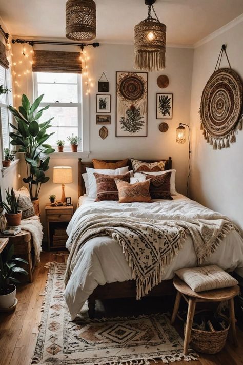 Small Room Boho Decor, Small Cozy Bedroom Aesthetic, Small Boho Room, Bohemian Small Bedroom, Tiny Boho Bedroom, Boho Cozy Bedroom, Boho Small Bedroom, Tiny Bedroom Decor, Small Bedroom Modern