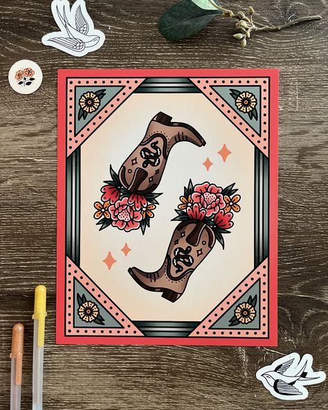 I think calling this piece ‘Boots and Blooms’ is kinda catchy. But I ain’t much of a wordsmith. 🤠 This color palette has really been there for me these past few projects. I love how they give everything a vintage and rustic, boho kinda feel. This is the second piece in my series of four inspired by playing cards and tarot. It represents where I am in my style journey: bold lines, floral symbolism, with a twist of witchy aesthetic. This print is now available in my shop and on Etsy! It’s pri... Boot Stitching Tattoo, Cowboy Aesthetic Art, Vintage Cowboy Aesthetic, Bold Tattoo, Playing Card Print, 2024 Tattoo, Linen Art, Blooming Bouquet, Cowboy Aesthetic