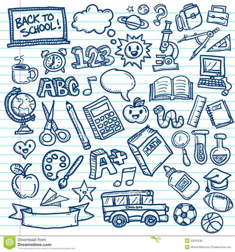 Set of vector freehand drawings of school icons on lined paper background. Back To School Doodles, Lined Paper Background, School Doodles, School Vector, Studera Motivation, Yearbook Design, School Icon, School Paper, Classroom Printables