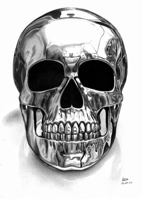 Chrome Tattoo Designs, Charcoal Artwork, Skeleton Artwork, Metal Drawing, Skull Sketch, Buddhist Art Drawing, Realistic Pencil Drawings, Scary Tattoos, Skull Art Drawing