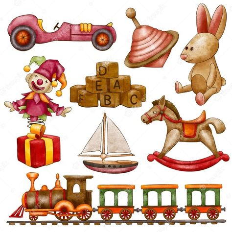 Premium Vector | Watercolor christmas toys collection Dolls Illustration, Elf Clipart, Color Clipart, Vintage Christmas Toys, Victorian Toys, Toys Collection, Birthday Toys, Kids' Party, Watercolor Christmas