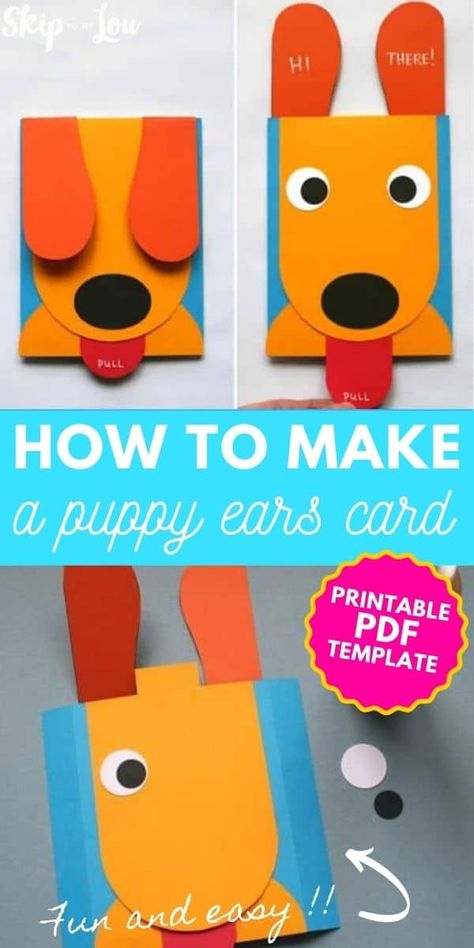 This Puppy Ears Card is an adorable card that is easy to make and a delight to open! Kids will love making and giving this fun card. #card #DIY #Puppy Puppy Crafts For Kids, Easy Cards For Kids, Pets Activities For Kids, Kids Birthday Cards Handmade, Pop Up Cards Diy Easy, Kids Cards Handmade, Card Making For Kids, Dog Cards Handmade, Handmade Birthday Card Ideas