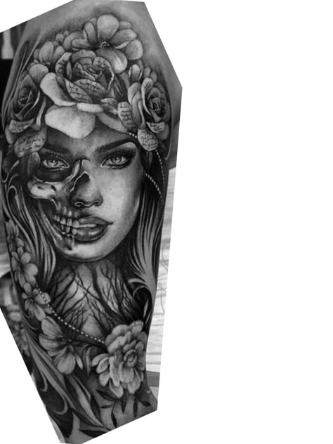 Half Skull Half Woman Face Tattoo, Women Skull Tattoo Ideas, Medusa Tattoos For Women, Half Skull Half Face Tattoo, Thigh Tats, Day Of The Dead Tattoo, Thigh Tat, Arm Tattoo Ideas, Full Leg Tattoos