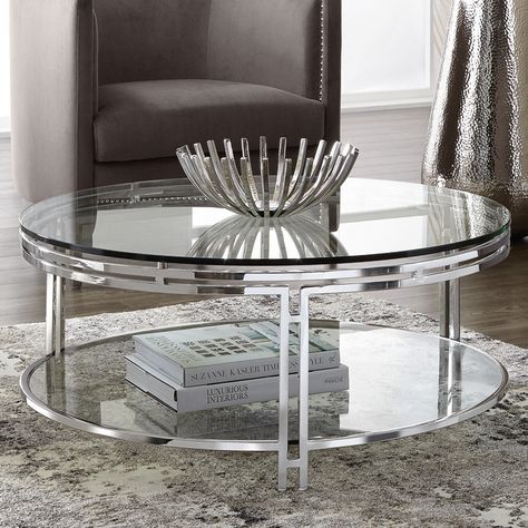 Glass Coffee Table Decor, Coffee Table Design Ideas, Silver Coffee Table, Table Design Ideas, Brass Dining Table, Furniture Acrylic, Round Glass Coffee Table, Round Coffee Table Modern, Acrylic Furniture