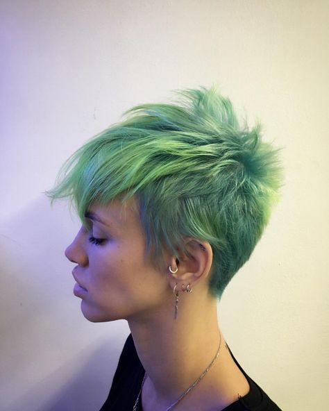 238 Likes, 23 Comments - kellybuytaert (@colorgeek_) on Instagram: “New haircut by @bagussubakty and color @jannesvdv 🙏 Thanks!! ❤️it! #greenhair #pixiecut #grunge…” Very Short Haircuts For Women, Half Colored Hair, Pastel Green Hair, Short Green Hair, Hair Dye Videos, Pretty Short Hair, Short Dyed Hair, Really Short Hair, Very Short Haircuts