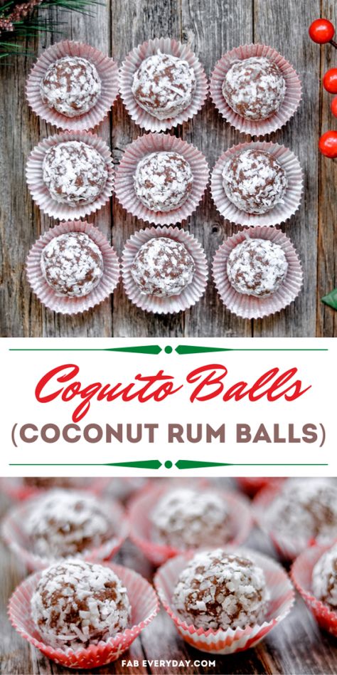 Coconut Rum Balls Recipe, Coquito Cookies Recipe, Boozie Cookies, Coquito Gift Idea, Coquito Desserts, Coquito Cookies, Boozy Balls, Coconut Rum Balls, Choc Truffles