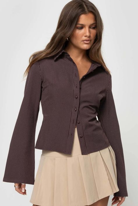 Anni Pinstripe Shirt Brown Long Sleeved Shirt, Cardigan Long, Woven Top, Striped Fabrics, Long Cardigan, Womens Fall, Princess Polly, Flared Sleeves, Cotton Style