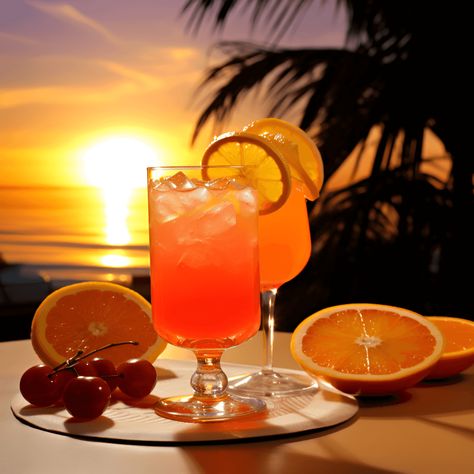 Sunset Cocktail Recipe - The Sunset cocktail has a delightful blend of sweet, sour, and fruity flavors. It is a refreshing and light drink with a hint of tanginess from the citrus fruits. The combination of orange, pineapple, and grenadine gives it a tropical and exotic taste that is perfect for warm summer evenings. Sunset Cocktail Recipe, Drinks Wallpaper, Planters Punch, Creative Drinks, Harvey Wallbanger, Sunset Drinks, Sunset Cocktail, Sunset Drink, Light Drinks