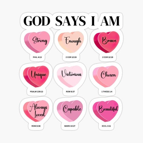 Get my art printed on awesome products. Support me at Redbubble #RBandME: https://www.redbubble.com/i/sticker/God-Says-I-Am-by-wdiamond28/157842989.EJUG5?asc=u Who God Says I Am, God Says I Am, Journal Bible Quotes, Girl Energy, Journal Bible, Jesus Girl, God Says, Personalized Stickers, Fun Stickers