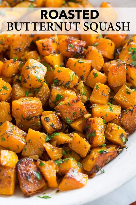 Roasted Butternut Squash - a must have healthy fall side dish! It has a mildly sweet, slightly nutty, buttery flavor and a delicious creamy texture. Then when you add garlic and fresh herbs it adds two more delicious layers of flavor. It's perfect for the holidays or a weeknight dinner! #roasted #butternutsquash #sidedish #fall #thanksgiving #recipe Autumn Side Dishes, Vegan Pumpkin Recipes, Savory Pumpkin Recipes, Cooking Herbs, Butternut Squash Recipes, Healthy Fall, Cooking Classy, Healthy Pumpkin, Vegan Pumpkin