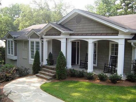 double peak on porch Front Porch Remodel, Front Porch Addition, Ranch House Remodel, Ranch House Exterior, Porch Remodel, Ranch Remodel, Porch Addition, Gray House, Homes Exterior